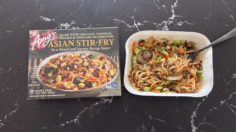 Amy's Asian stir-fry frozen meal next to box