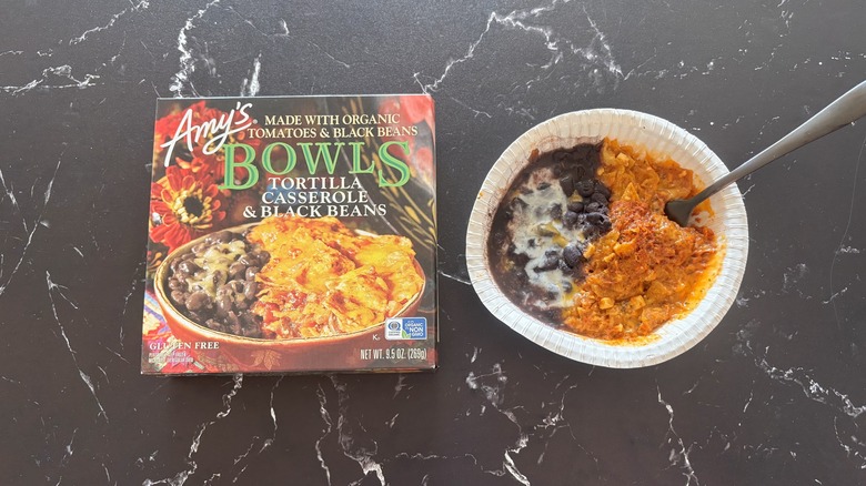 Amy's tortilla casserole frozen meal next to box