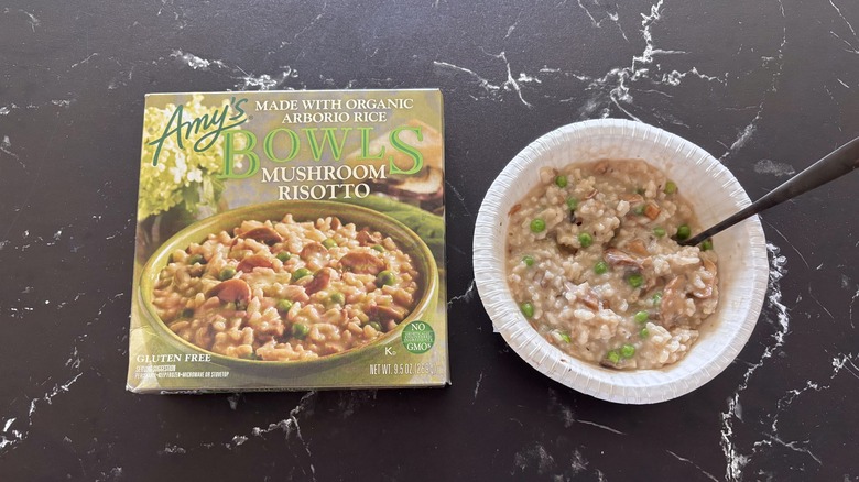 Amy's mushroom risotto frozen meal next to box