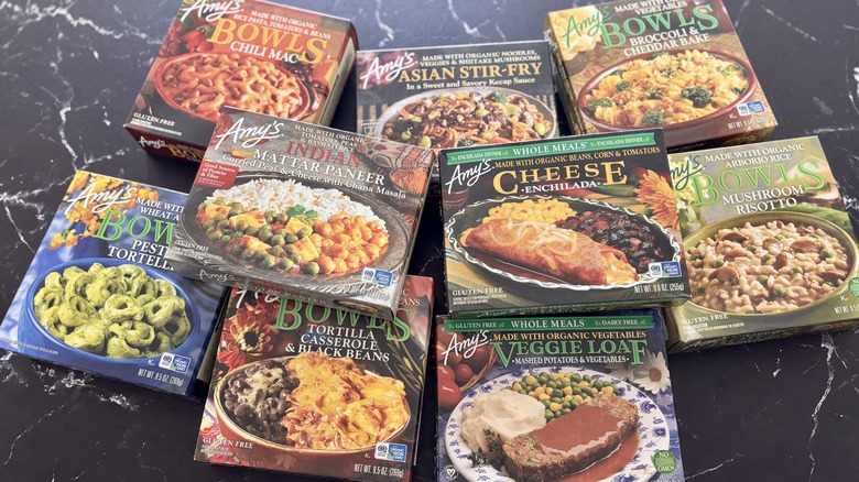 Various Amy's frozen meals on countertop