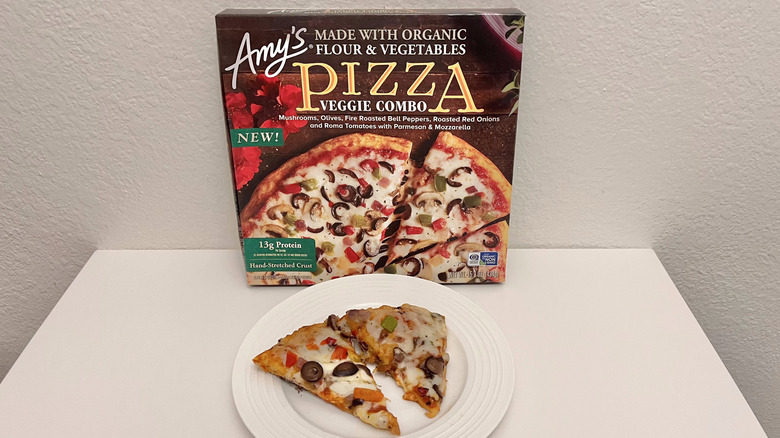 Amy's Veggie Combo slices on a plate with a box in the back