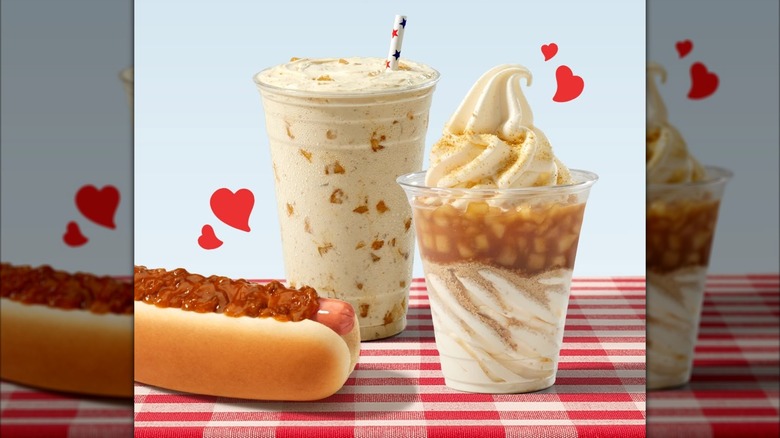 Apple Pie sundae and shake plus chili doll from Wienerschnitzel sitting on red and white checkered cloth