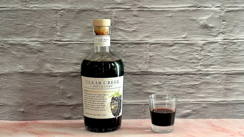 Bottle of Clear Creek Marionberry Liqueur next to shot glass of liqueur on grey brick background