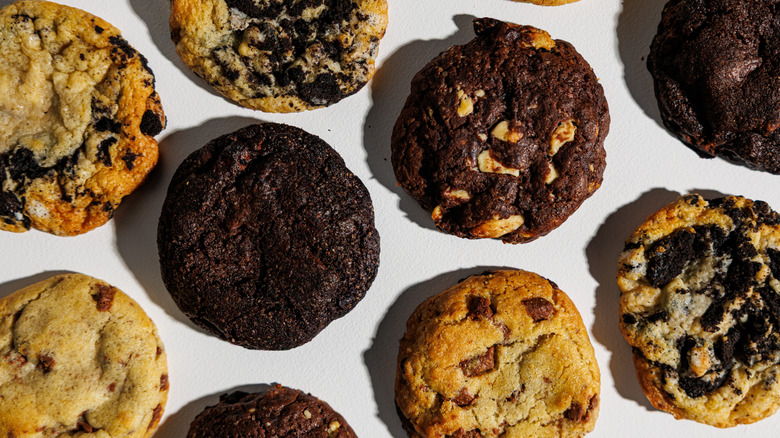 Chocolate chip cookies on white background