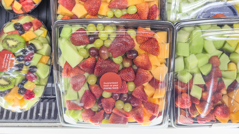 Grocery store fruit trays in refrigerated section