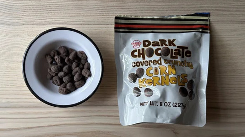 Trader Joe's Dark Chocolate Covered Crunchy Corn Kernels in small bowl