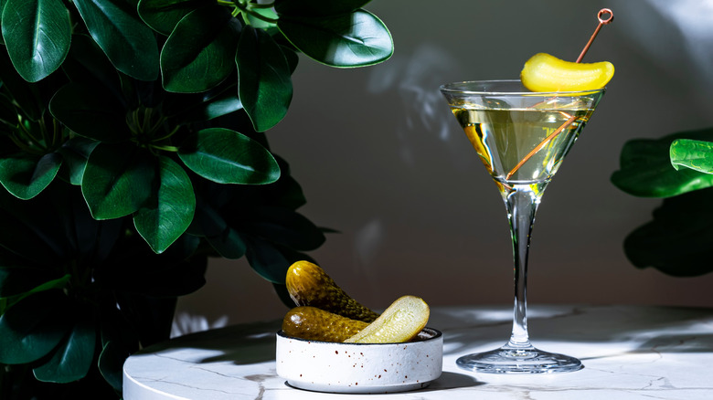 pickle martini with pickles in bowl