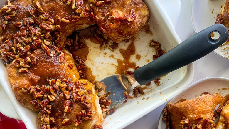 Maple Cinnamon Sticky Buns in white baking dish