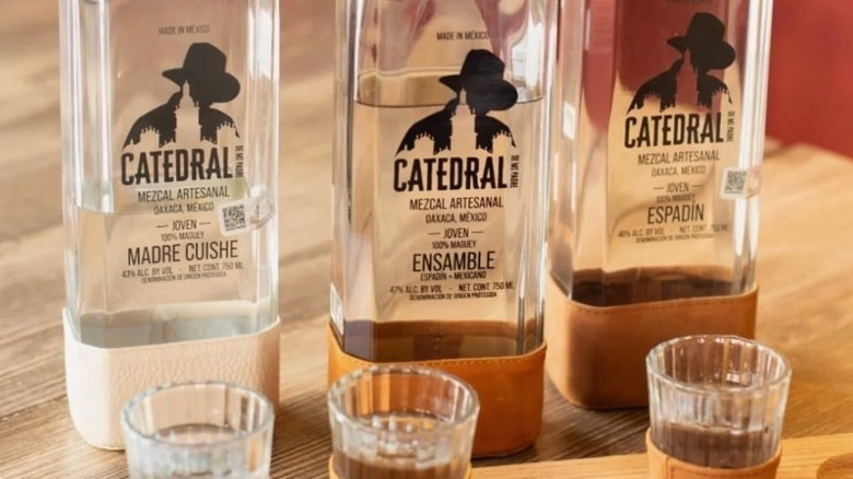 Bottles of Catedral de Mi Padre Mezcal and shot glasses