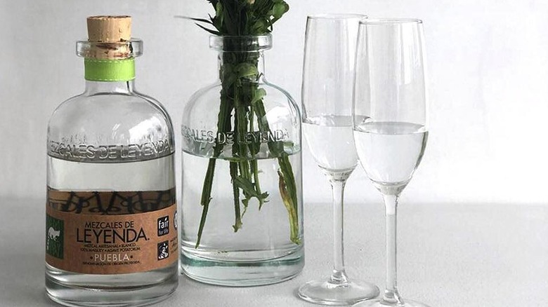 Bottle of Mezcal de Leyendas, vase, and glasses