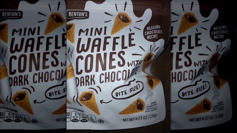 Package of Aldi's Mini Waffle Cones filled with dark chocolate