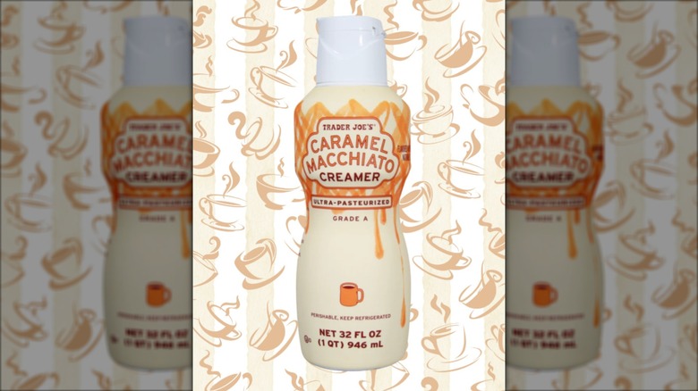 A bottle of Trader Joe's Caramel Macchiato Creamer