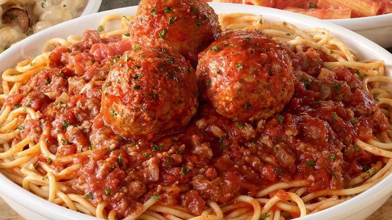 Close up of spaghetti with meatballs dish