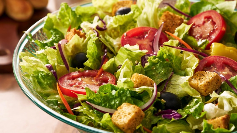 Close view of Olive Garden's house salad in a bowl