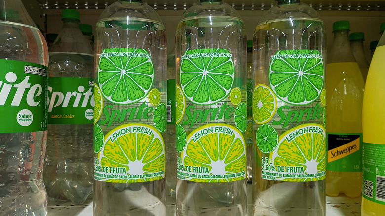Different bottles of Sprite on a store shelf in Brazil.