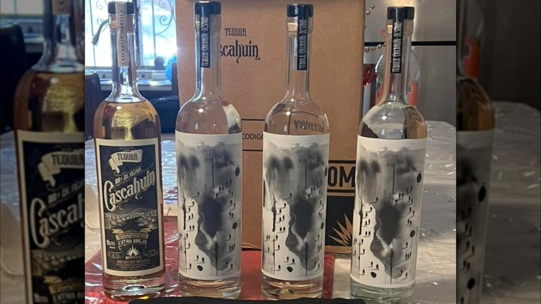 Four bottles of Cascahuín tequila in front of a box