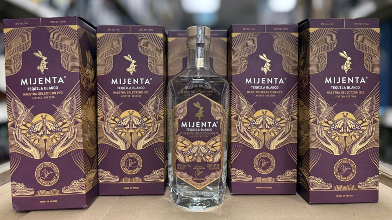 Boxes of Mijenta Tequila Maestra Selection  No. 2 with a bottle in front