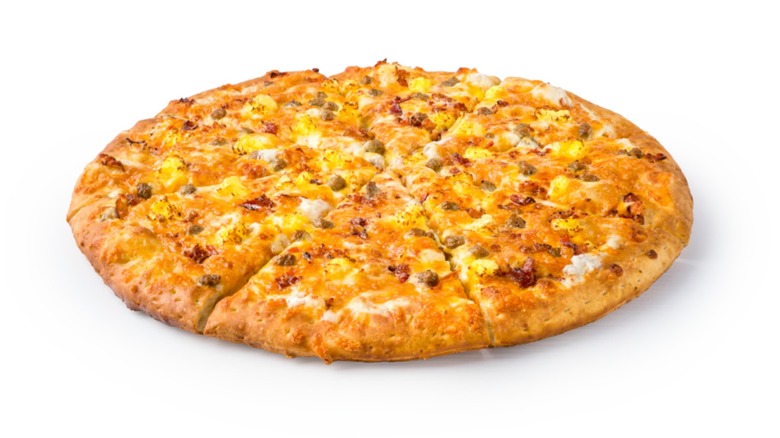 Breakfast pizza on white background