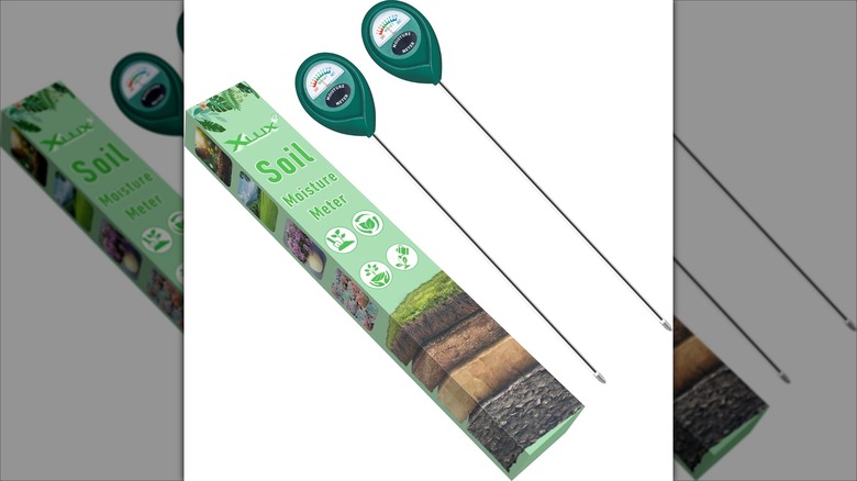 Xlux Long Probe Deep Use Soil Moisture Meter box and meters on white background