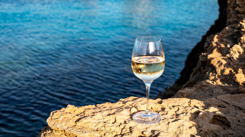 Glass of white wine balanced on rock by the ocean
