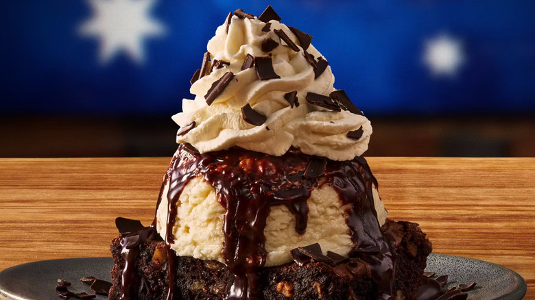 Chocolate ice cream dessert from Outback Steakhouse on wooden table