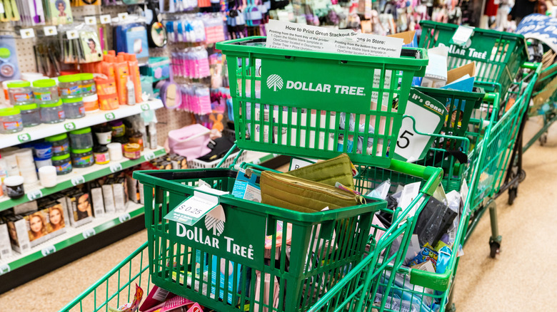 haphazard stack of baskets inside Dollar Tree
