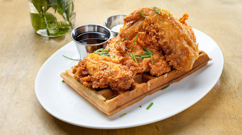 Product shot of the chicken and waffles from Poppy + Rose in Los Angeles