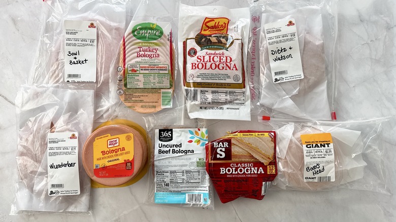 9 brands of bologna on a white counter