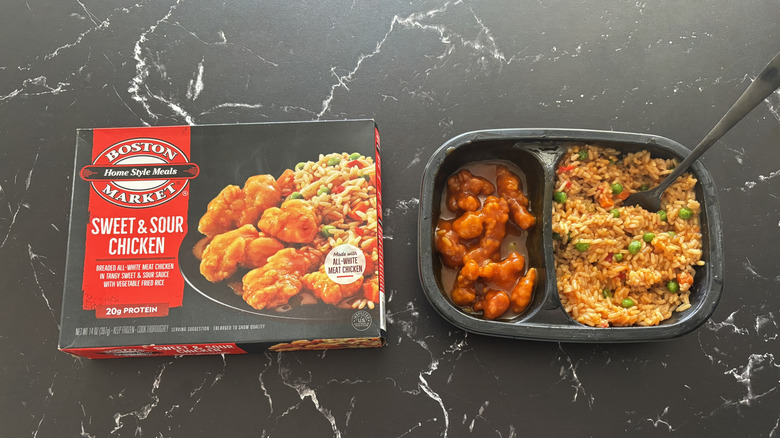 Boston Market sweet and sour chicken package next to sweet and sour chicken frozen meal tray