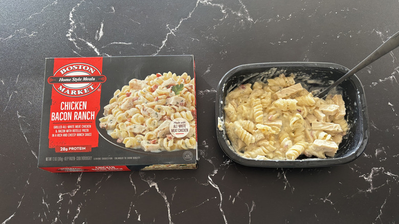 Boston Market chicken bacon ranch meal package next to chicken bacon ranch pasta meal