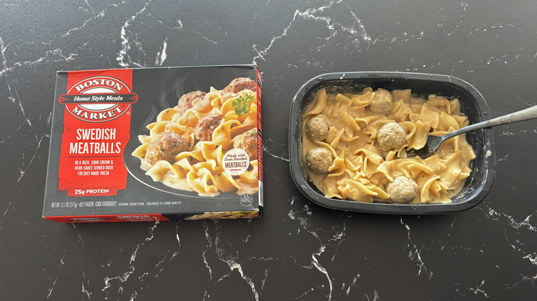 Boston Market Swedish meatballs meal package next to Swedish meatballs frozen meal