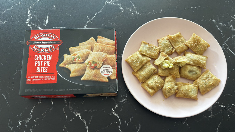 Boston Market chicken pot pie bites package next to chicken pot pie bites on plate