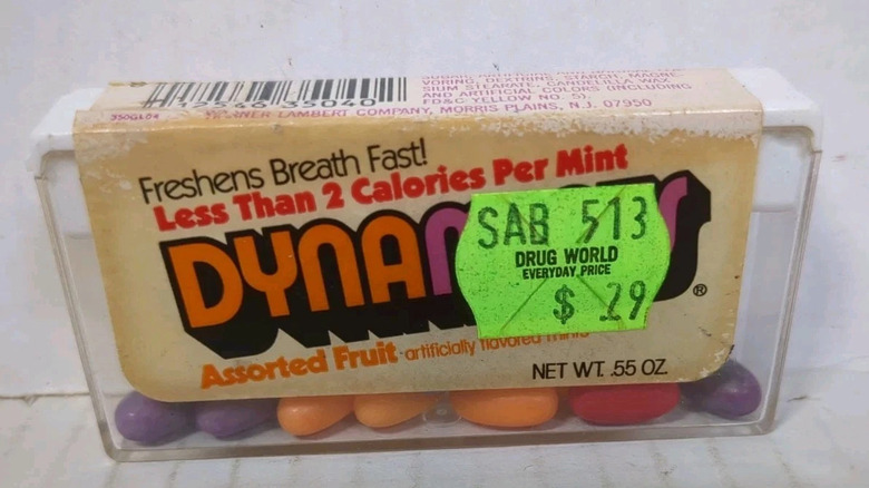 old pack of Dynamints with price tag on white background