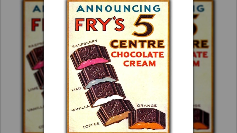 Mirrored image of vintage Fry's 5 Centre ad on white background