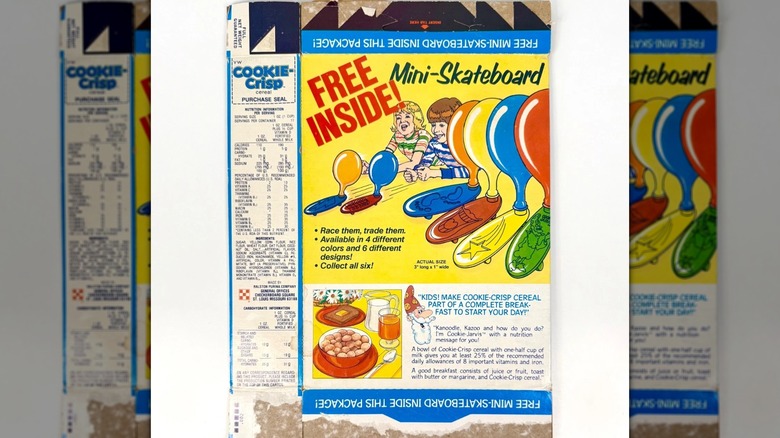 Back of Cookie Crisp cereal box advertising miniature skateboard toys
