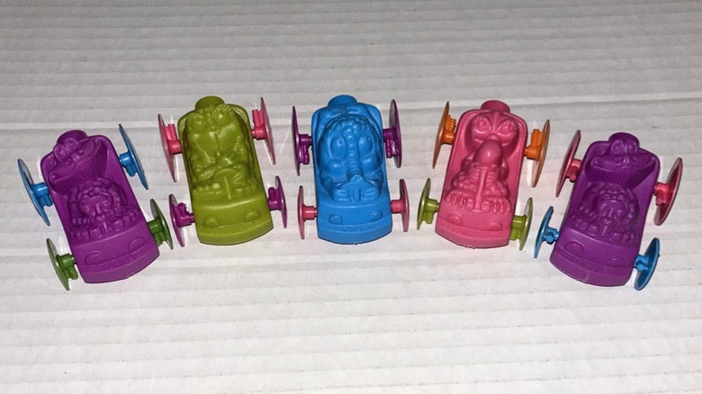 Five Freakmobiles small plastic toy premiums from Freakies cereal