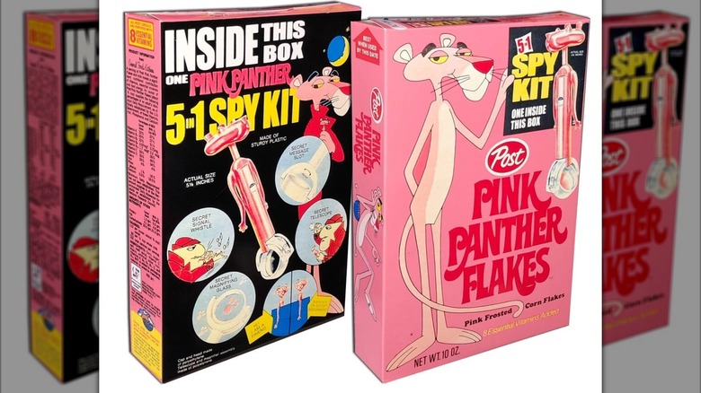 Pink Panther Flakes cereal box front and back with ad for Spy Kit toy