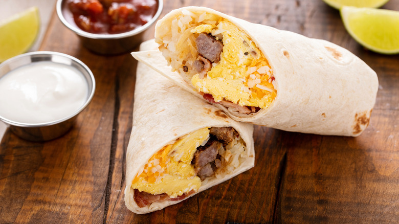 Breakfast burrito with scrambled eggs and sausage