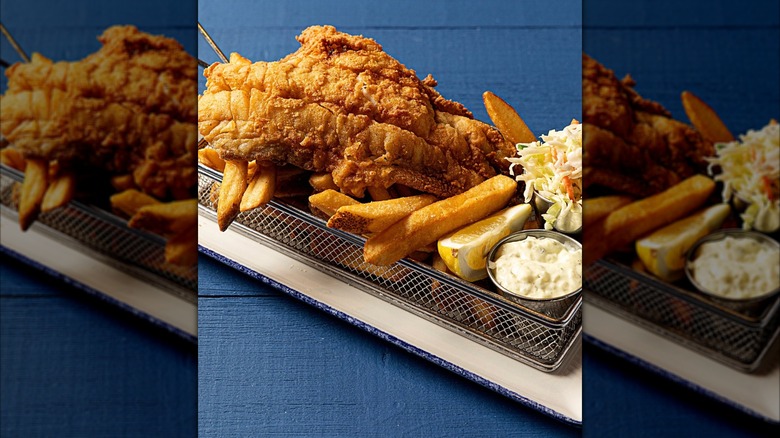 Legal Sea Foods' fried fish and chips on a long plate