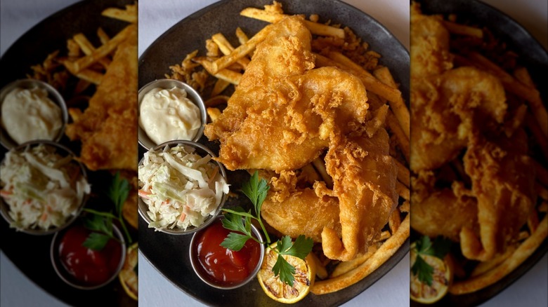 Plate of fish and chips with coleslaw