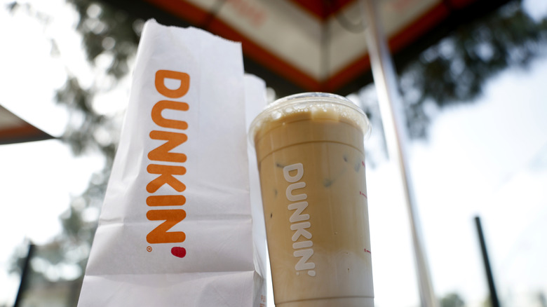 Dunkin' iced coffee and paper bag