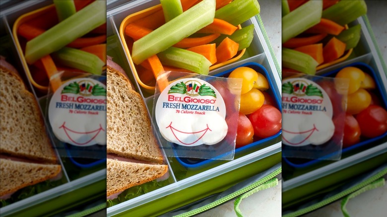 Package of  BelGioiosio Fresh Mozzarella Snacking Cheese placed in child's lunchbox