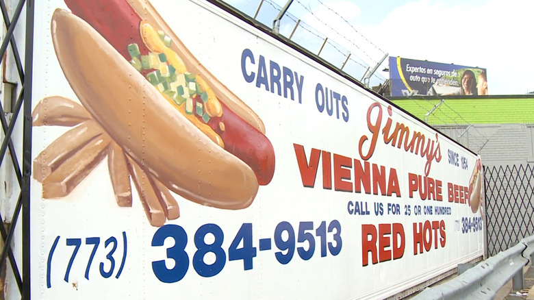 The sign outside Jimmy's Red Hots hot dog restaurant