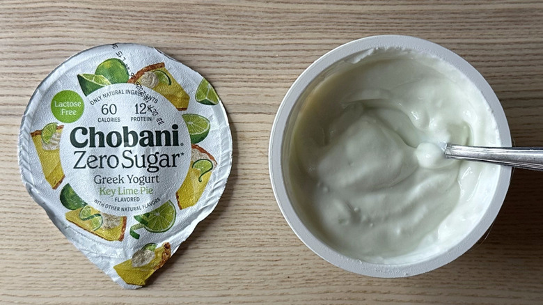 Key Lime Pie zero sugar Chobani yogurt on wooden table