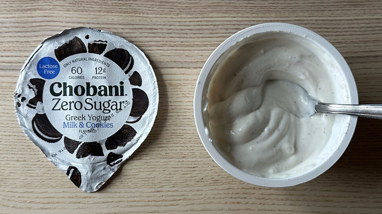 Milk and Cookies zero sugar Chobani yogurt on wooden table
