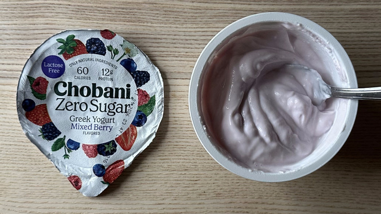 Mixed Berry zero sugar Chobani yogurt on wooden table