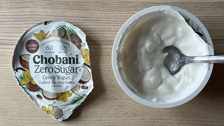 Toasted Coconut Vanilla zero sugar Chobani yogurt on wooden table