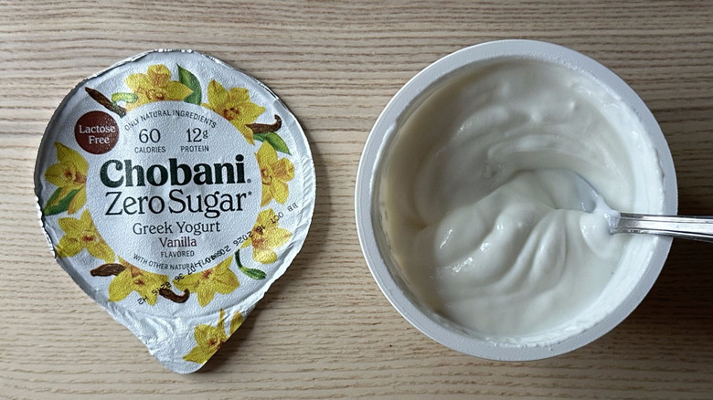 Vanilla zero sugar Chobani yogurt on wooden table