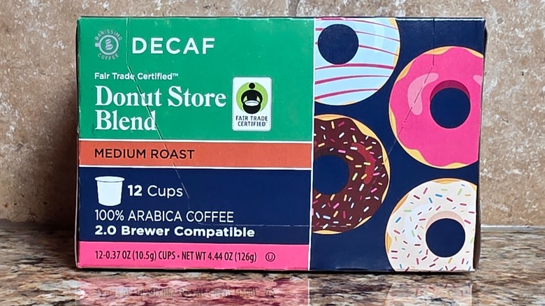 Box of Barissimo fair trade decaf donut store medium roast coffee pods