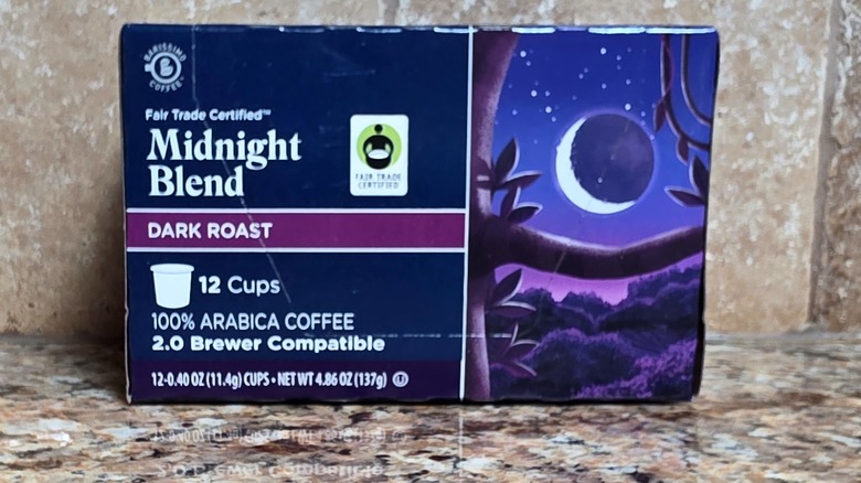Box of Barissimo fair trade midnight blend dark roast coffee pods